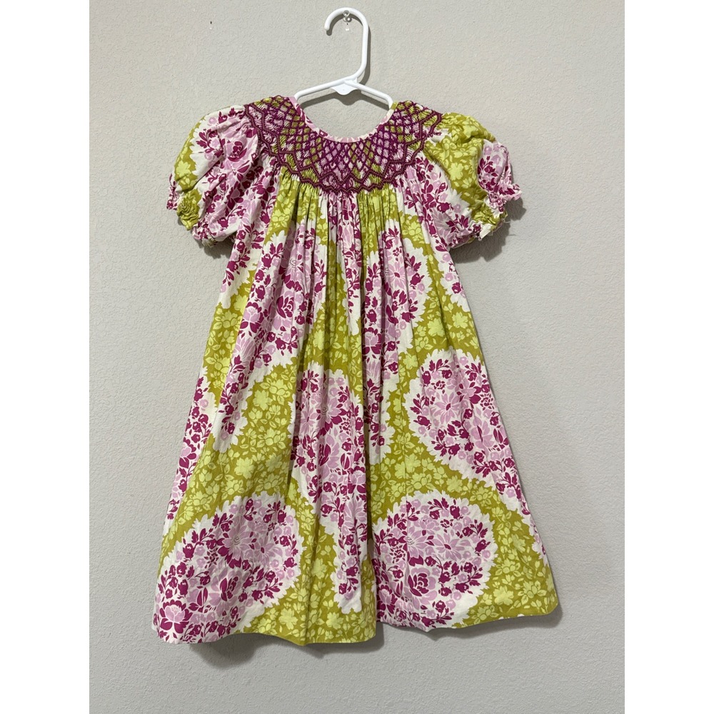 Little Threads Green & Purple Floral Paisley Hand Smocked Dress Size 2 Preppy‎